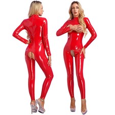 Women's Metallic Leather Open Bust Bodycon Jumpsuit Wet Look Long Sleeve Catsuit