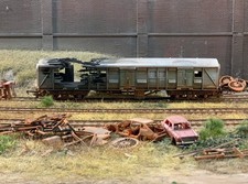 OO gauge wagon, fire-damaged Utility Van, heavily weathered. Ref H9