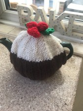 HAND KNITTED CHRISTMAS PUDDING TEA COSY  FOR a SMALL POT CREAM  icing