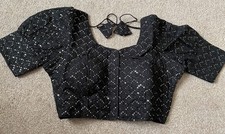 Women's Black & Silver Patterned Readymade Saree Blouse Traditional Crop Top