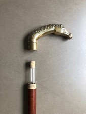 Antique Brass Dog's Head hidden Flask "Topper" "Tippling" Walking Stick Cane 