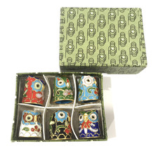 Vintage Enamel Owl Sewing Thimbles Set Of Six Cloisonné Enamel Boxed