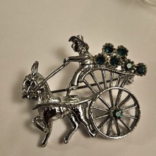 Vintage Donkey And Trap Silvertone Brooch. With Green Rhinestones 