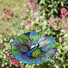 VINTAGE CHAPEL WOOD HAND PAINTED GLASS PEACOCK HANGING GLASS BIRD BATH OR FEEDER