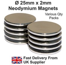 Strong Magnets 25mm x 2mm 3.25Kg Pull Neodymium Magnets Disc Neo DIY Craft