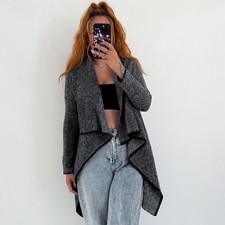 Ladies Grey Black Open Knitted Waterfall Cardigan Top Size 6-8