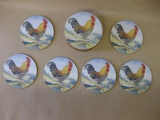 6 Cockerel / Rooster Chicken Coasters ~ Metal & Cork Backed ~ Metal Holder ~ 9cm
