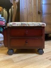 Vintage Solid Wood Sewing Stool w/ Drawers & Magazine Rack – Floral Seat