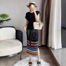 Pleats Please Issey Style Pleated Skirt with Geometric Print and  Side Slit