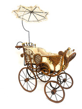 Vintage Bamboo Cane Toy Doll Pram with Parasol
