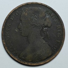 1863 One Penny Queen Victoria British Coin Great Britain 1d Bun Head