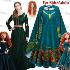 Adults Kids Braver Merida Cosplay Costume Dress Wig Outfit Party Fancy Dress Up