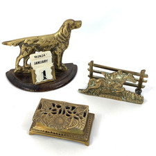Vintage Brass Hunting Dog Calendar Desk Set Horse Riding Letter Rack Stamp Box