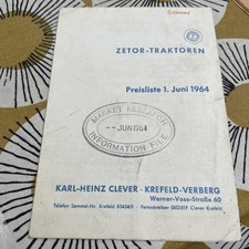 Zetor Tractor / impliments price list 4 pages 1964 German text