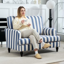 Upholstered Armchair with Stripe, Turned Legs and Wide Seat