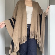 Camel brown knitted cape shawl with tassles