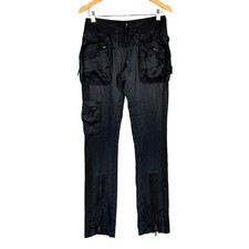 Karen Millen Silk Cargo Trousers Size UK8 Black Low Rise Zip Ankle Parachute Y2K