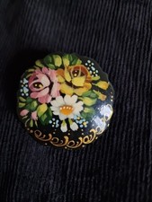 russian floral lacquered brooch Vintage