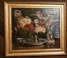 H. Morley, Flower Bouquet  with Staffordshire Figure Group,Oil on board Painting