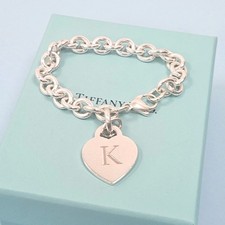Tiffany & Co Letter K 21st Engraved Heart Chain Silver Chunky Bracelet Size 6"