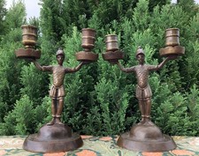 Rare Pair Of Late 18th C. NUREMBERG Bronze Candlesticks “ SOLDIER LAMPS “ c1780