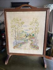 Vintage Oak Fire screen with Hand Embroidered Panel- English Countryside
