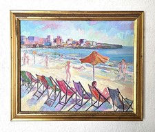 David Robert Hill Impressionist Oil Painting Deck Chairs Bondi Beach Australia