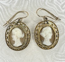 Estate Cameo Earrings Victorian Dangle Hook Antique 14k Yellow Gold