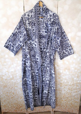 Womens Kimono Robe Long Sleeve Floral Tie Dye Ethnic Cotton One Size Blue White