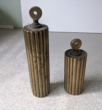 TWO LOVELY LEAD BRASS FINISH RIBBED ANTIQUE WALL CLOCK WEIGHTS - 28 & 54 OZ