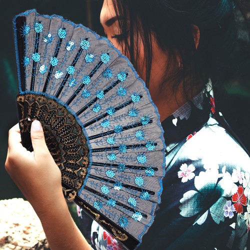 Folding hand fan with oriental - hand,