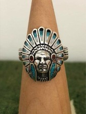 Native American Chief Silver Ring Turquoise Inlay Vintage Style Size 20 Jewelry