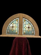 Antique Stained Glass Window Panel Solid Oak Reclaimed Period Old Arched Leaded