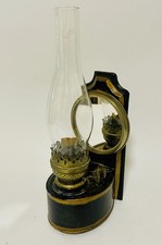 Antique Toleware Wall Mounted Oil Lamp w Burner & Chimney Railway Station