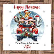 Personalised Safari Christmas Card, Animals, Land Rover Car Any Relative & Name