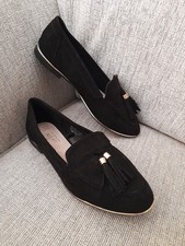 Primark Black & Gold Faux Suede Wide Fit Comfort Flat Loafer Shoes Size UK 4(VGC
