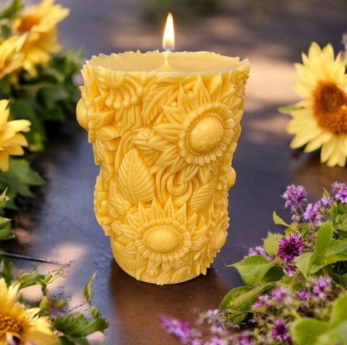 Yellow sunflower pillar candle - pillar,