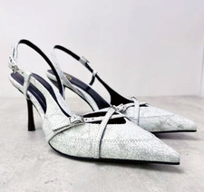 Women Pointed Toe Denim Stiletto Heels Shoes Buckle Strap Slingback Sandals Pump