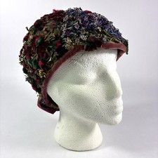 Rare Vintage 1920s Velvet Red & Blue Floral Art Deco Flapper Cloche Hat w/Bow