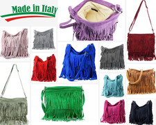 Real Suede Leather Fringe Tassel Crossbody Shoulder Bag Made in Italy, Boho Chic