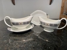 Pair Wedgwood Bone China Sauce Boats with Stands Asia Pattern R4288 21cm
