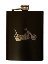 Custom Engraved 8oz Black Hip Flask with Chopper Motorcycle Design Persornalized