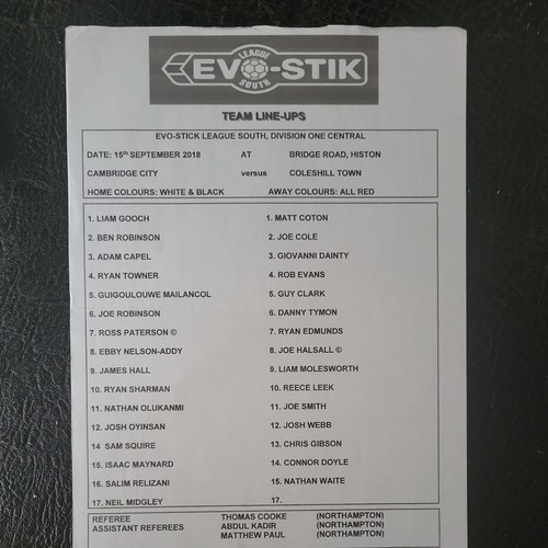 Teamsheet cambridge city - city, v