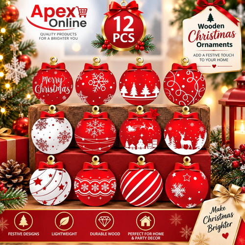 12pcs wooden christmas bauble - 12pcs,