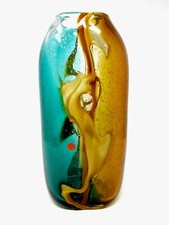 Massive 36cm Murano Art Glass Freeform Outer Strap Silver Leaf Vase Aqua Amber