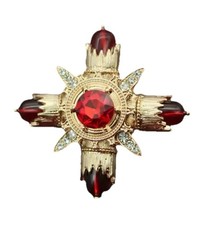 Vintage Gold Cross Brooch Red
