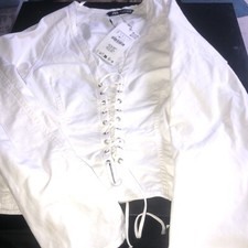 Zara White Tie Front Cropped Blouse Shirt Cotton NWT Small  RRP £35.99 A1 READ.