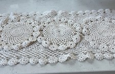 Vintage ivory crocheted dressing table runner 42” x 10” and 3 crochet mats 