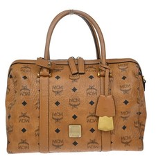 MCM Logo Travel Hand Bag Leather Brown Gold Plated 61EG132