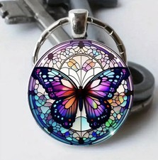Purple butterfly Luxury Round Shaped Metal Keyring
